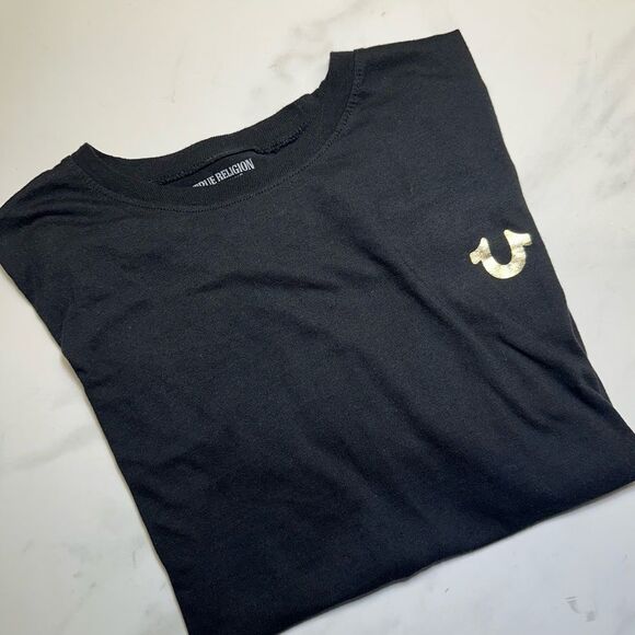 True Religion T-Shirt Gold Horseshoe Logo Black Short Sleeve Tee, Men's Large - Picture 1 of 10